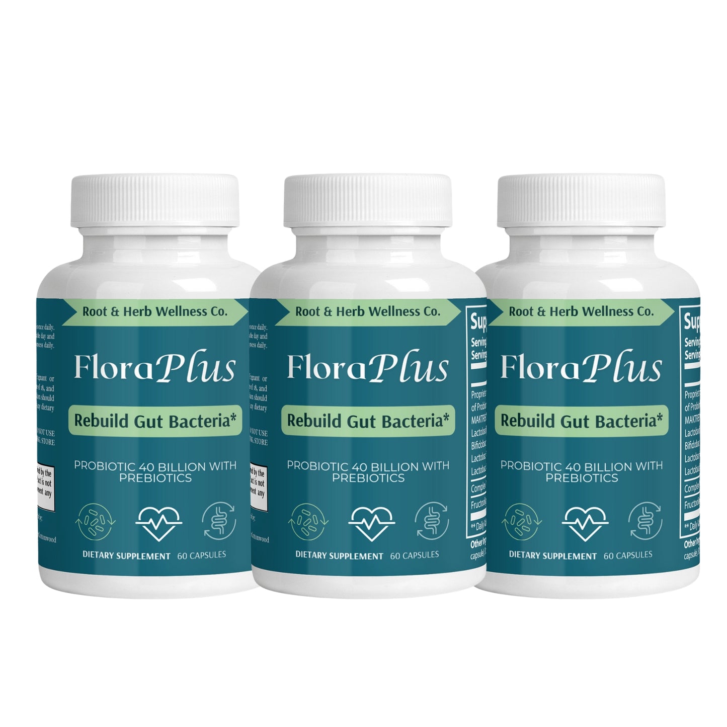 3 bottles of floraplus probiotics for digestive health and rebuilding gut bacteria