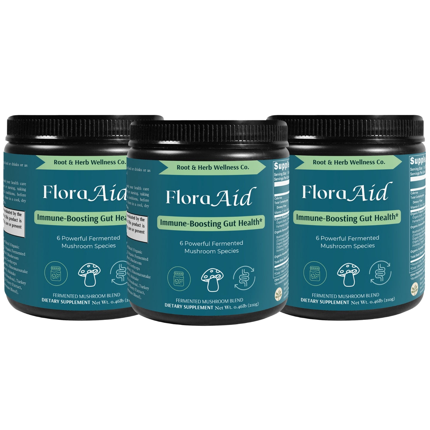 3 bottles of Floraaid fermented mushroom blend for immune support and digestive health