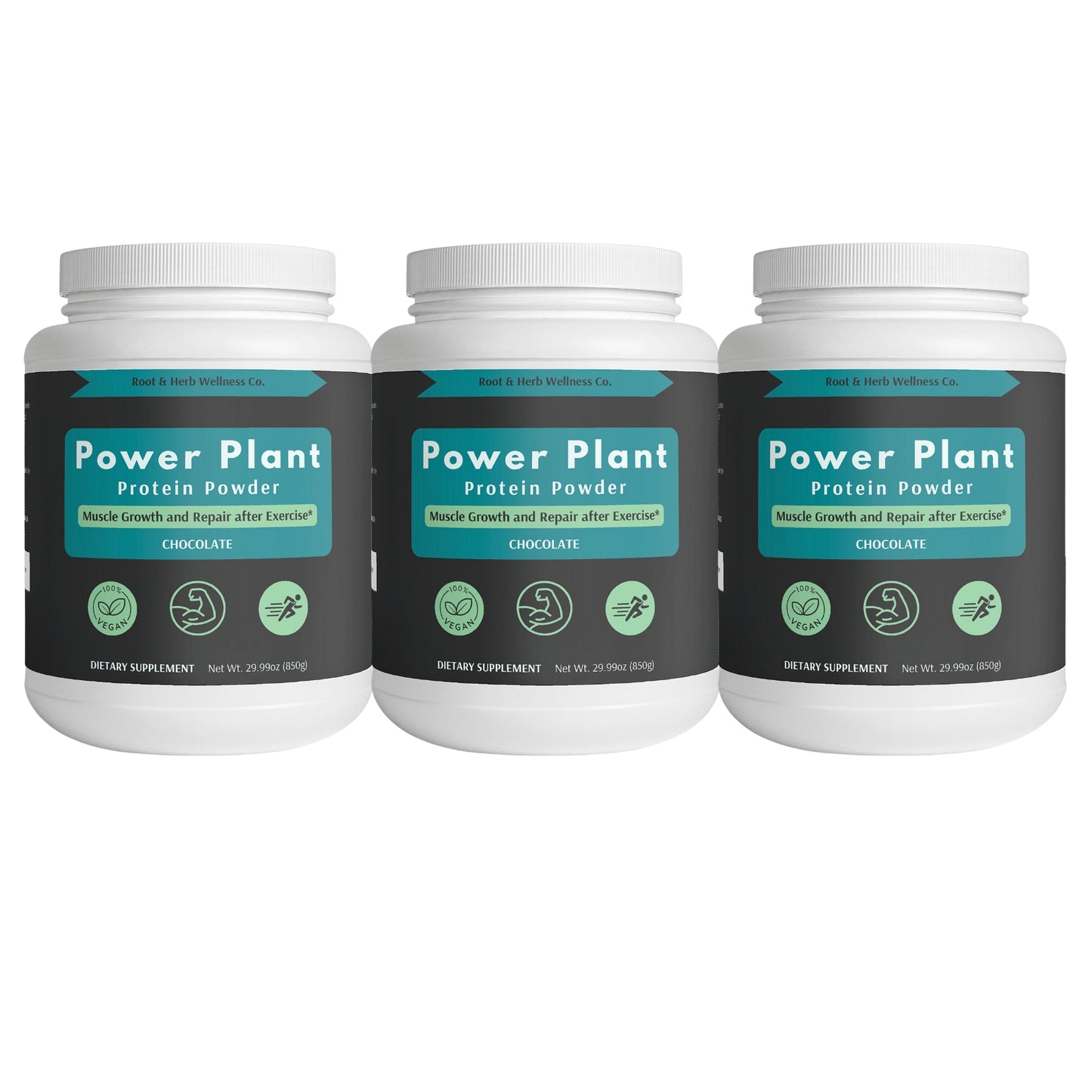 Three bottles of power plant protein powder