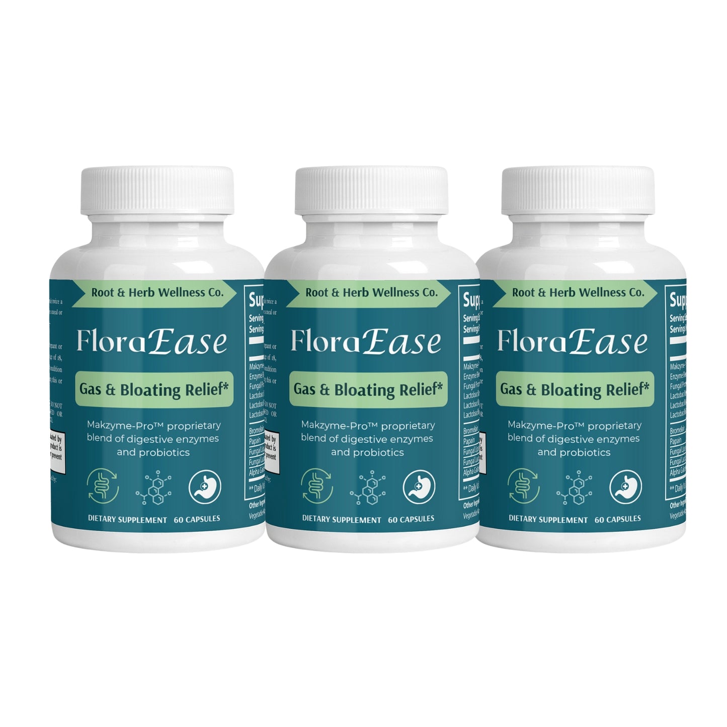 3 bottles of Floraease for gas and bloating relief