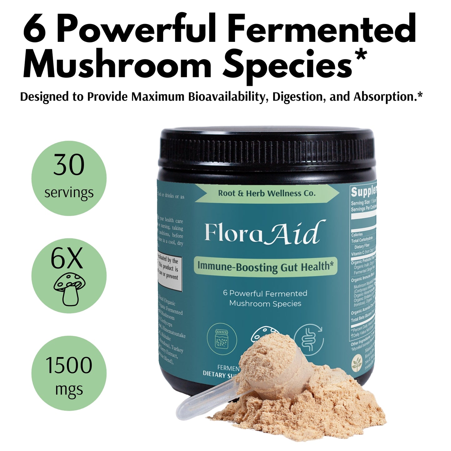 "FloraAid Fermented Mushroom Blend Powder  product benefits, ingredients, and potency