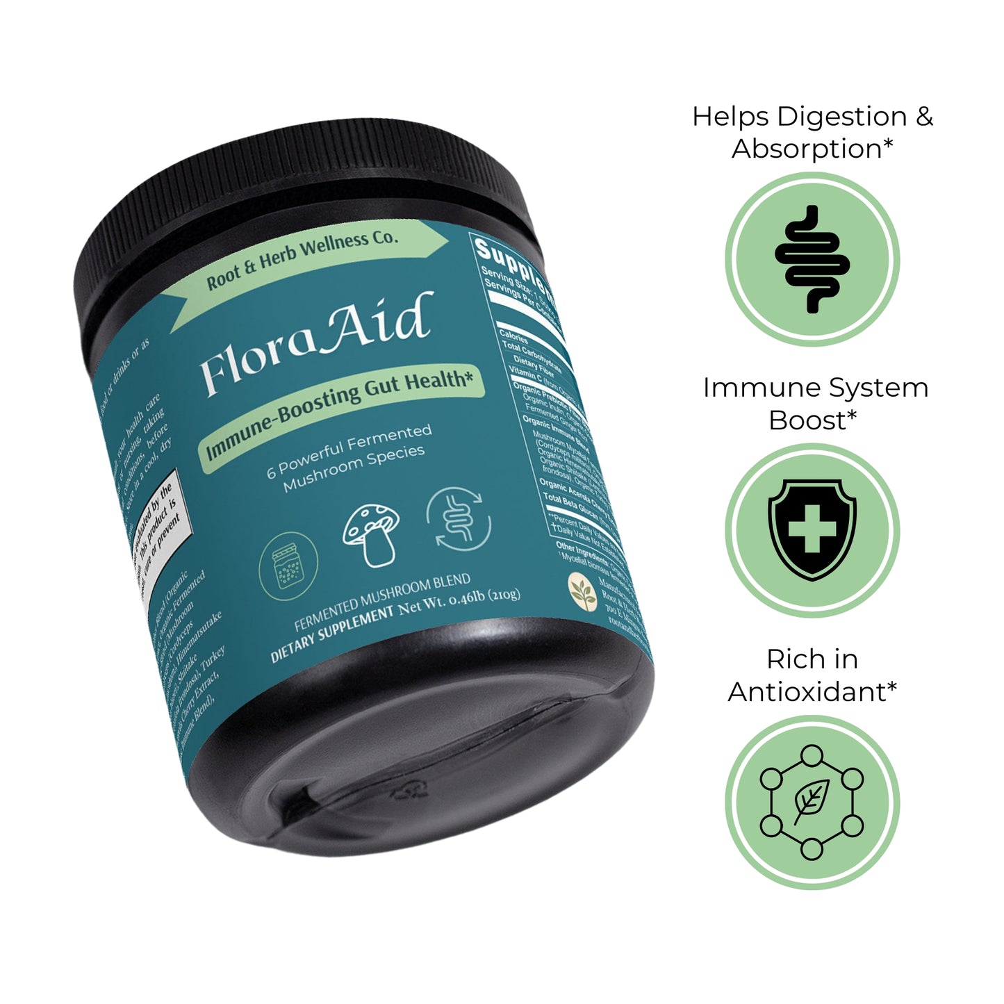 a picture of FloraAid gut wellness and immune support powder and its benefits