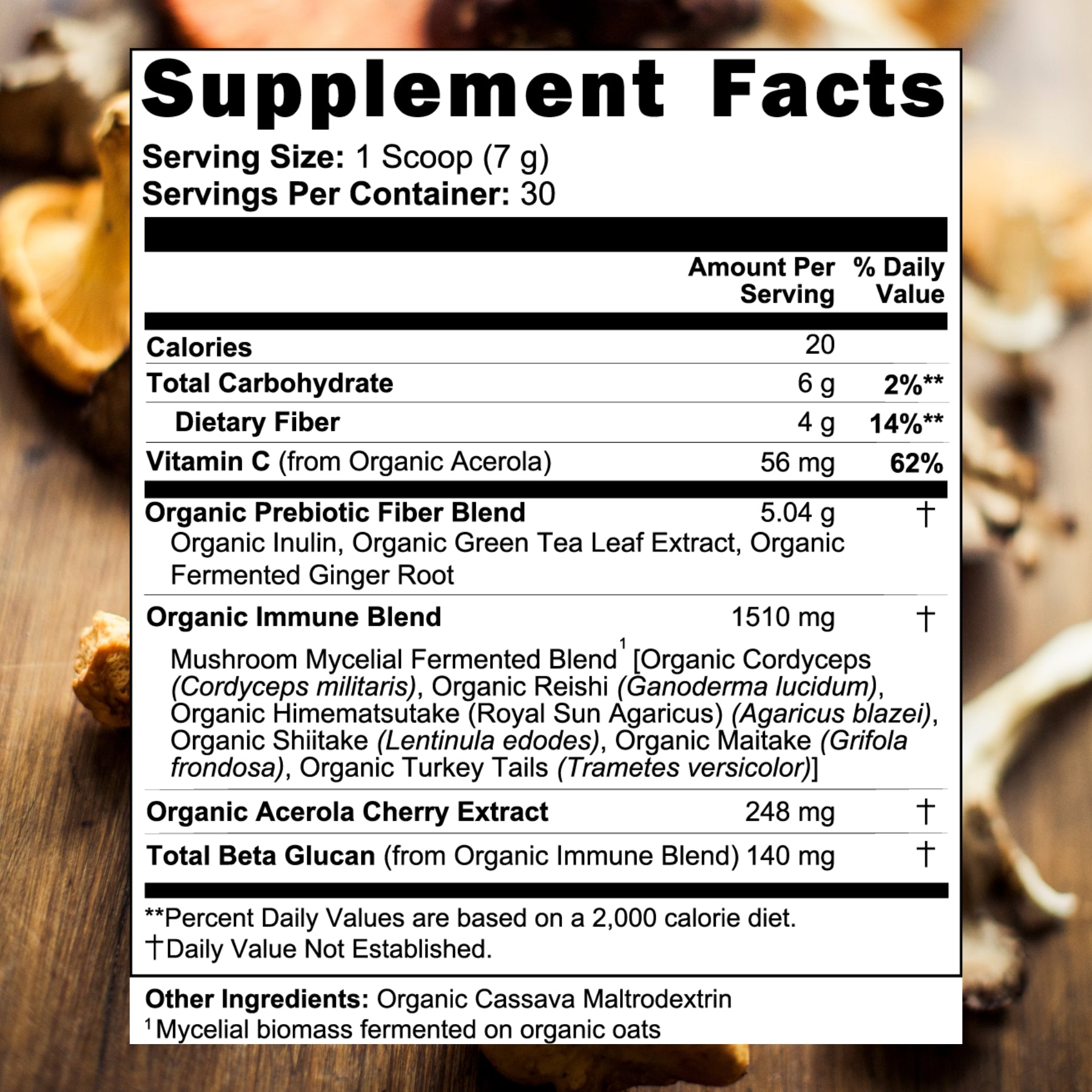 A close up of the ingredients list of FloraAid Gut health and immune support powder