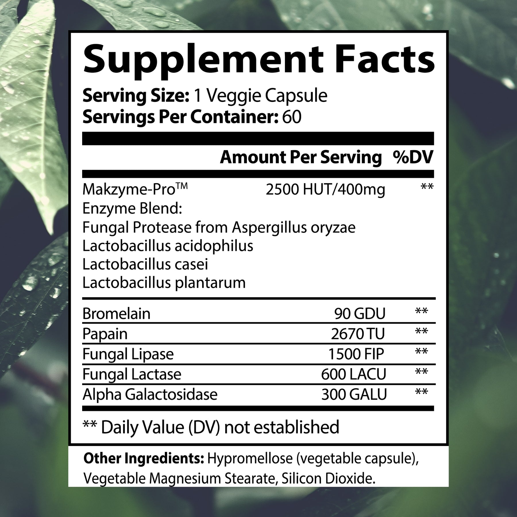 FloraEase digestive enzyme ingredient label